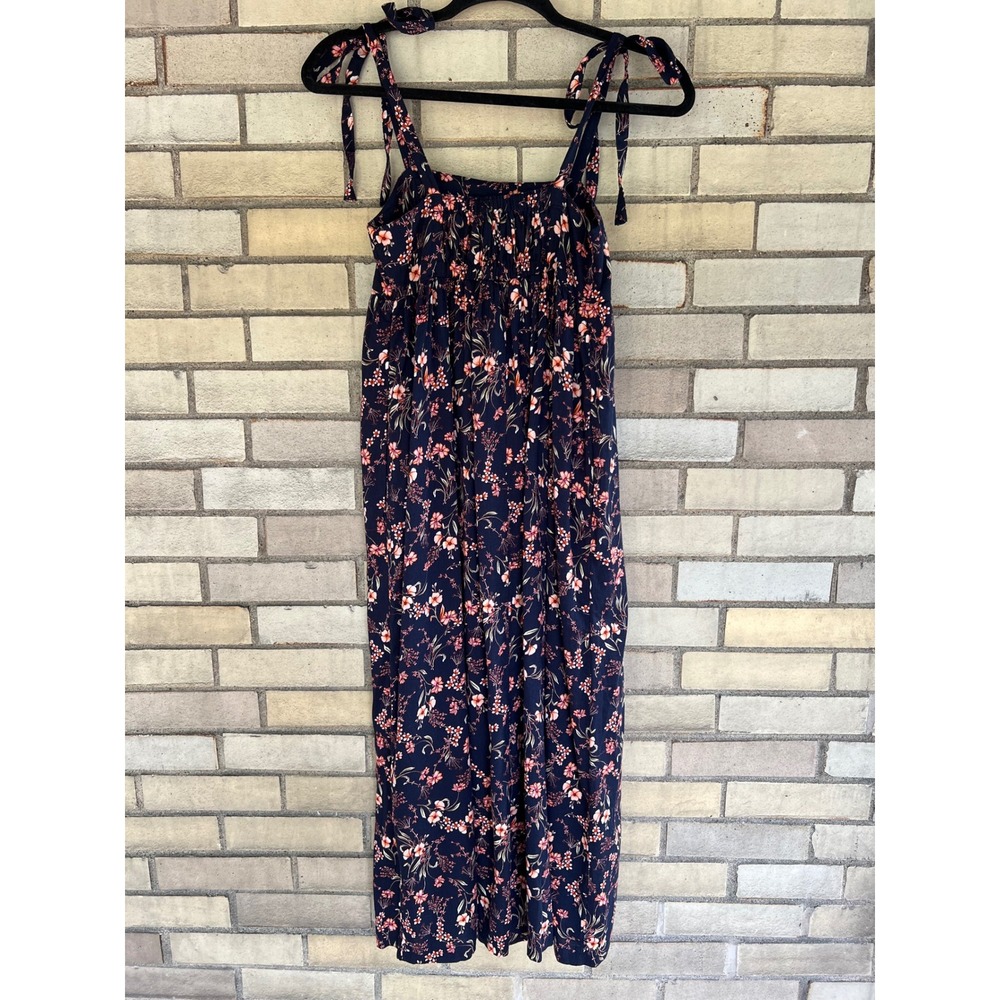 Old Navy Navy Floral Tie Shoulder Midi Dress XS Pockets Smocked Back Babydoll - Picture 7 of 10